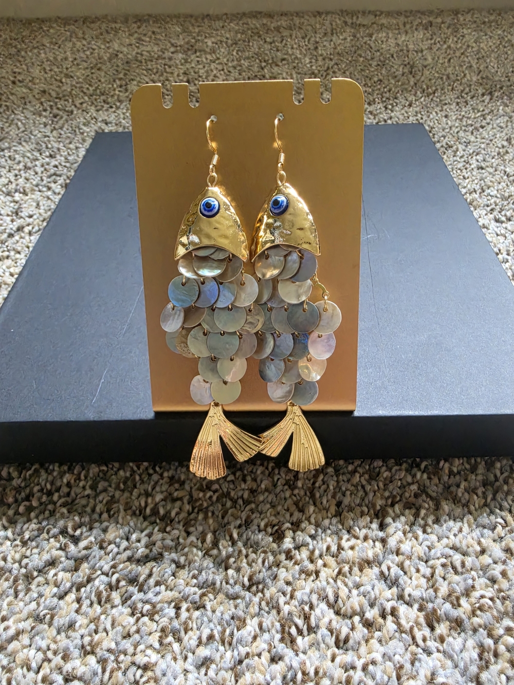 Gold Fish-Shaped Hanging Aquarium Earrings with Iridescent Scales - Gold